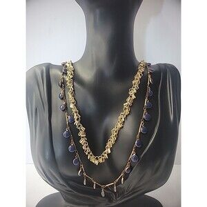 Vintage Necklace Gold Chain Blue Bead Cluster Double Strand Jewelry Costume